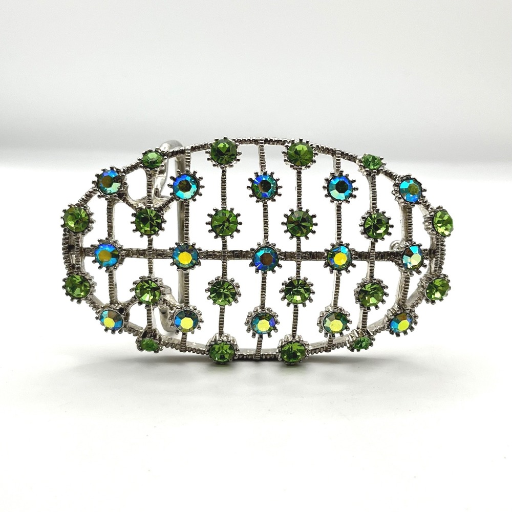 Vintage Silver Tone Green and AB Rhinestone‎ Oval Openwork Belt Buckle 3.25 Inch